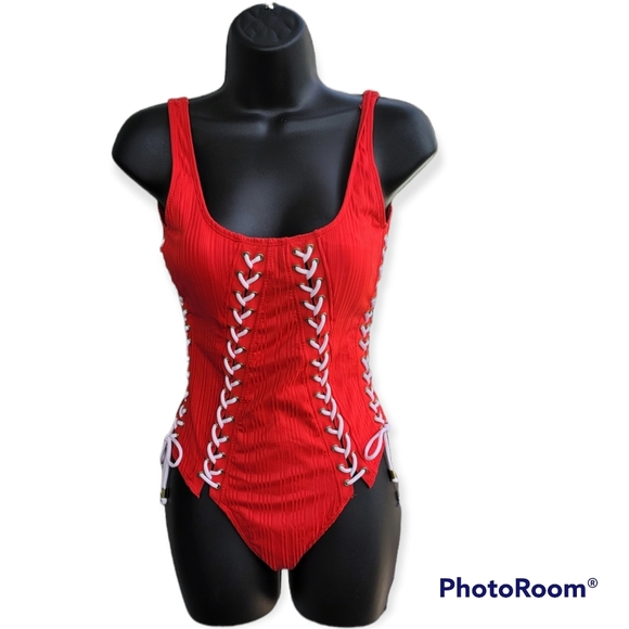 NO BOUNDARIES Juniors' Lace Up One Piece Swimsuit Red with White Laces Size 7-9. - Picture 4 of 6